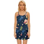 Seamless-pattern-with-funny-aliens-cat-galaxy Satin Pajama Short Set