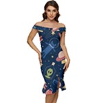 Seamless-pattern-with-funny-aliens-cat-galaxy Off Shoulder Ruffle Split Hem Bodycon Dress