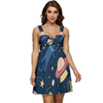 Seamless-pattern-with-funny-aliens-cat-galaxy Ruffle Strap Babydoll Chiffon Dress