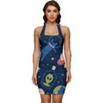 Seamless-pattern-with-funny-aliens-cat-galaxy Sleeveless Wide Square Neckline Ruched Bodycon Dress