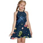 Seamless-pattern-with-funny-aliens-cat-galaxy Kids  Halter Collar Waist Tie Chiffon Dress