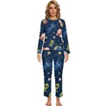 Seamless-pattern-with-funny-aliens-cat-galaxy Womens  Long Sleeve Lightweight Pajamas Set