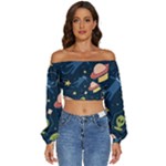 Seamless-pattern-with-funny-aliens-cat-galaxy Long Sleeve Crinkled Weave Crop Top