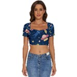 Seamless-pattern-with-funny-aliens-cat-galaxy Short Sleeve Square Neckline Crop Top 