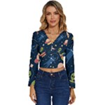 Seamless-pattern-with-funny-aliens-cat-galaxy Long Sleeve V-Neck Top
