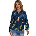 Seamless-pattern-with-funny-aliens-cat-galaxy Women s Long Sleeve Button Up Shirt