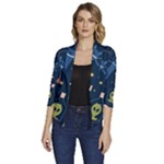 Seamless-pattern-with-funny-aliens-cat-galaxy Women s Draped Front 3/4 Sleeve Shawl Collar Jacket