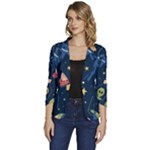 Seamless-pattern-with-funny-aliens-cat-galaxy Women s One-Button 3/4 Sleeve Short Jacket