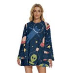 Seamless-pattern-with-funny-aliens-cat-galaxy Round Neck Long Sleeve Bohemian Style Chiffon Mini Dress