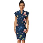 Seamless-pattern-with-funny-aliens-cat-galaxy Vintage Frill Sleeve V-Neck Bodycon Dress