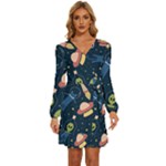 Seamless-pattern-with-funny-aliens-cat-galaxy Long Sleeve Waist Tie Ruffle Velvet Dress