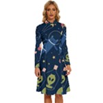 Seamless-pattern-with-funny-aliens-cat-galaxy Long Sleeve Shirt Collar A-Line Dress