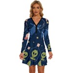 Seamless-pattern-with-funny-aliens-cat-galaxy Long Sleeve Deep V Mini Dress 