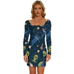 Seamless-pattern-with-funny-aliens-cat-galaxy Long Sleeve Square Neck Bodycon Velvet Dress