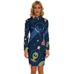 Seamless-pattern-with-funny-aliens-cat-galaxy Long Sleeve Shirt Collar Bodycon Dress