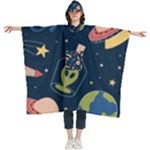 Seamless-pattern-with-funny-aliens-cat-galaxy Women s Hooded Rain Ponchos