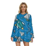 About-space-seamless-pattern Round Neck Long Sleeve Bohemian Style Chiffon Mini Dress