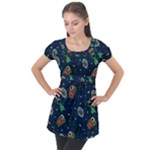 Monster-alien-pattern-seamless-background Puff Sleeve Tunic Top