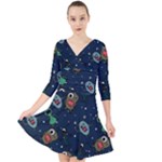 Monster-alien-pattern-seamless-background Quarter Sleeve Front Wrap Dress