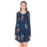 Monster-alien-pattern-seamless-background Long Sleeve V-neck Flare Dress