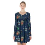 Monster-alien-pattern-seamless-background Long Sleeve Velvet V-neck Dress