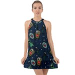 Monster-alien-pattern-seamless-background Halter Tie Back Chiffon Dress