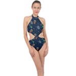 Monster-alien-pattern-seamless-background Halter Side Cut Swimsuit