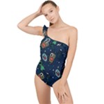 Monster-alien-pattern-seamless-background Frilly One Shoulder Swimsuit