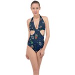 Monster-alien-pattern-seamless-background Halter Front Plunge Swimsuit