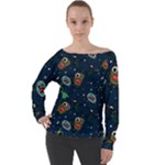 Monster-alien-pattern-seamless-background Off Shoulder Long Sleeve Velour Top