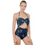 Monster-alien-pattern-seamless-background Scallop Top Cut Out Swimsuit