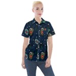 Monster-alien-pattern-seamless-background Women s Short Sleeve Pocket Shirt