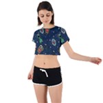 Monster-alien-pattern-seamless-background Tie Back Short Sleeve Crop Tee