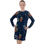 Monster-alien-pattern-seamless-background Long Sleeve Hoodie Dress