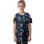 Monster-alien-pattern-seamless-background Fold Over Open Sleeve Top