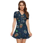 Monster-alien-pattern-seamless-background V-Neck High Waist Chiffon Mini Dress