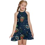 Monster-alien-pattern-seamless-background Kids  Halter Collar Waist Tie Chiffon Dress