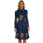 Monster-alien-pattern-seamless-background Long Sleeve Shirt Collar A-Line Dress