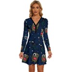 Monster-alien-pattern-seamless-background Long Sleeve Deep V Mini Dress 