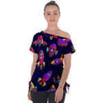 Space-patterns Off Shoulder Tie-Up Tee