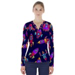 Space-patterns V-Neck Long Sleeve Top