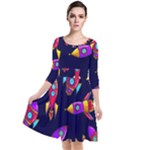 Space-patterns Quarter Sleeve Waist Band Dress