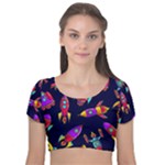 Space-patterns Velvet Short Sleeve Crop Top 