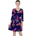 Space-patterns Quarter Sleeve Ruffle Waist Dress