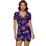 Space-patterns Low Cut Cap Sleeve Mini Dress