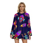 Space-patterns Round Neck Long Sleeve Bohemian Style Chiffon Mini Dress