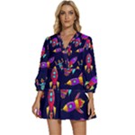 Space-patterns V-Neck Placket Mini Dress