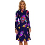 Space-patterns Long Sleeve Shirt Collar A-Line Dress