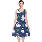 Swan-pattern-elegant-design V-Neck Midi Sleeveless Dress 