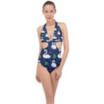 Swan-pattern-elegant-design Halter Front Plunge Swimsuit